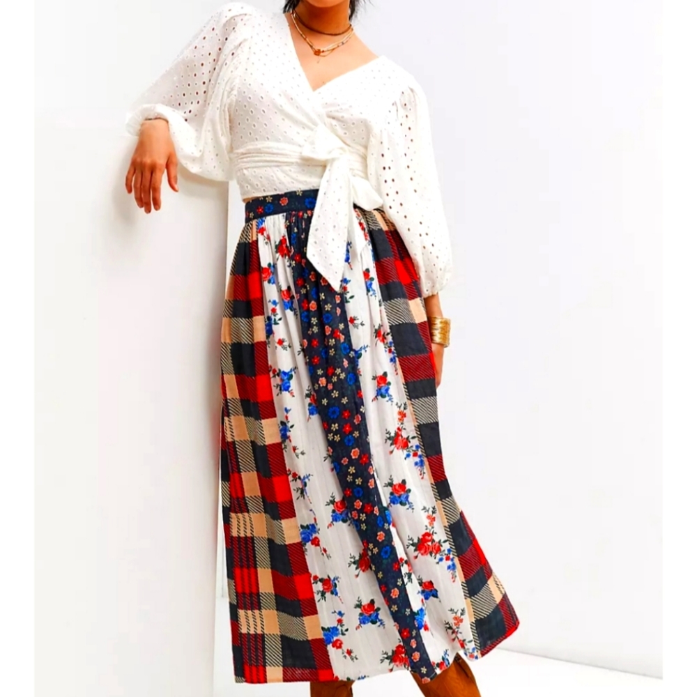 Anthropologie Let me be contrast floral BOHO red blue white maxi skirt XL